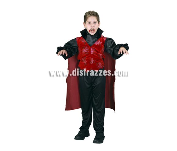 Disfraz de Vampiro o Drácula infantil para Halloween barato. Talla de 7 a 9 años. Incluye pecherín, chaleco con capa y pantalón. Éste disfraz de Halloween es ideal para celebrar la Fiesta de la Noche de las Brujas en Pubs, Discotecas, Casas particulares,  Restaurantes o Colegios y ayudar a crear un ambiente terrorífico y tenebroso indispensable para la Noche de Halloween la cual se celebra la víspera de Todos los Santos.
¡¡Compra tu disfraz para Halloween en nuestra tienda de disfraces, será divertido!!