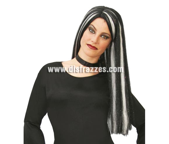 Peluca de Bruja de mecha blancas para Halloween. Peluca de Morticia de la Familia Adams para Halloween.