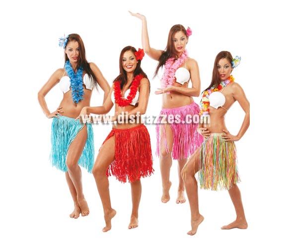 Conjunto de Hawaiana de varios colores. Compuesto por flor para la cabeza, collar y falda. Disfraz de Hawaiana o Hawaiano. Talla única. 