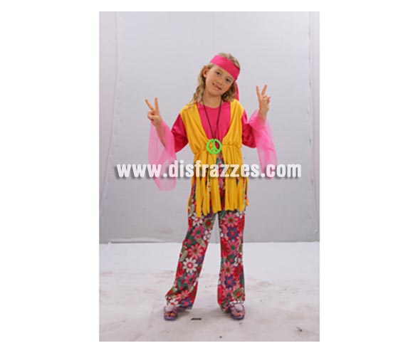 Disfraz de Hippie niña Económico talla de 4 a 6 años. Incluye turbante, camisa con chaleco y pantalón. Colgante NO incluido, podrás verlo en la sección de Complementos.