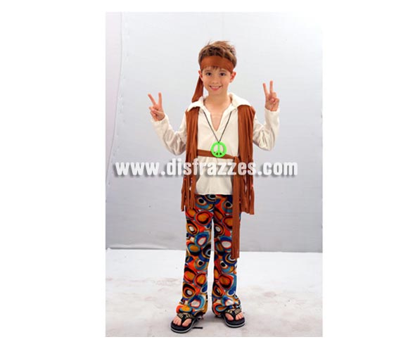 Disfraz de Hippie Niño Económico talla de 10 a 12 años. Incluye cinta cabeza, camisa con chaleco, cinturón y pantalón. Colgante NO incluido, podrás verlo en la sección de Complementos.