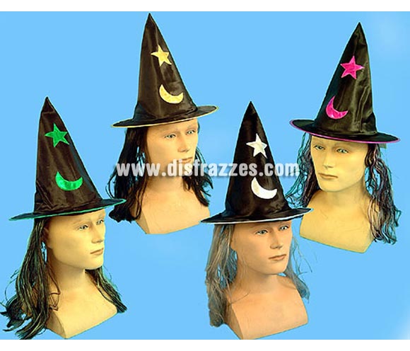 Sombrero de Bruja con pelo para Halloween. Cuatro modelos surtidos, precio por unidad.