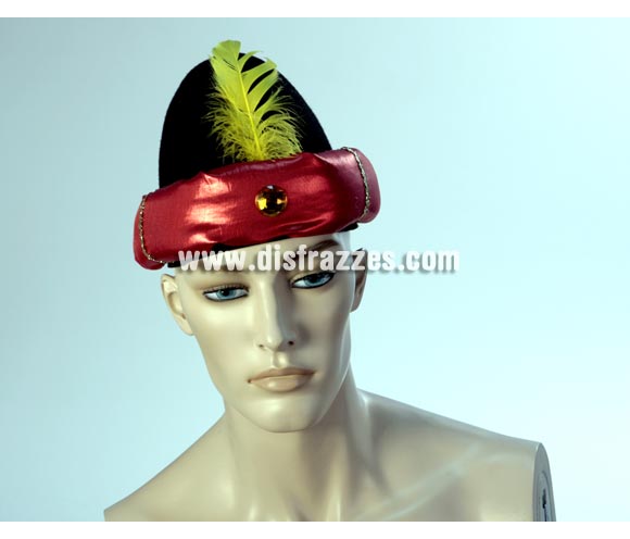 Sombrero de Paje negro con borde rojo y con pluma amarilla. Turbente de Paje Real negro con borde rojo y con pluma amarilla para Navidad. Ideal como complemento de tu traje de Paje Real en Navidad. ¡¡Compra los complementos de tus disfraces en nuestra tiendadedisfraces, será divertido!!