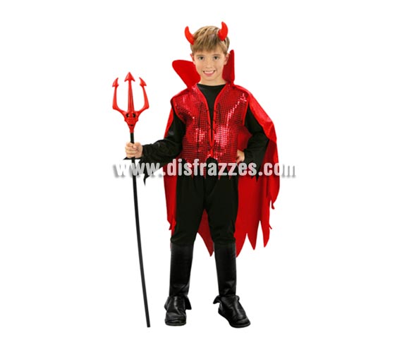 Disfraz de Demonio Rojo barato para Halloween. Talla de 7 a 9 años. Incluye cuernos, pantalón, chaleco con capa y cuello. Tridente NO incluido, podrás verlo en la sección Complementos. Éste disfraz de Halloween es ideal para celebrar la Fiesta de la Noche de las Brujas cada vez más arraigada en nuestro País en Pub's, Discotecas, Casas particulares,  Restaurantes o Colegios y ayudar a crear un ambiente terrorífico y tenebroso indispensable para la Noche de Halloween la cual se celebra la víspera de Todos los Santos.
¡¡Compra tu disfraz para Halloween en nuestra tienda de disfraces, será divertido!!