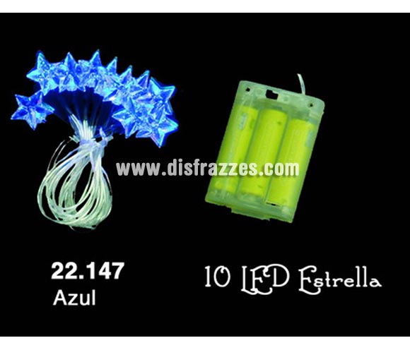Guirnalda 10 Estrellas LED azul para  interior. Funciona con pilas, marca CE. Ideal para decorar el árbol de Navidad o cualquier espacio. ¡¡Compra la decoración de Navidad en nuestra tienda de disfraces, será divertido!!