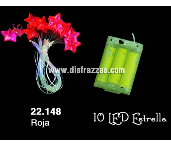 Guirnalda 10 Estrellas LED roja para  interior. Funciona con pilas, marca CE. Ideal para decorar el árbol de Navidad o cualquier espacio. ¡¡Compra la decoración de Navidad en nuestra tienda de disfraces, será divertido!!