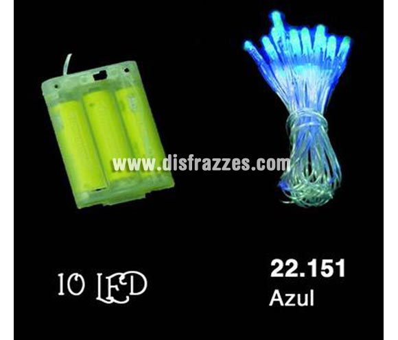 Guirnalda de 10 LED de color azul para interior.  Funciona con pilas, marca CE. Ideal para decorar el árbol de Navidad o cualquier espacio. ¡¡Compra la decoración de Navidad en nuestra tienda de disfraces, será divertido!!