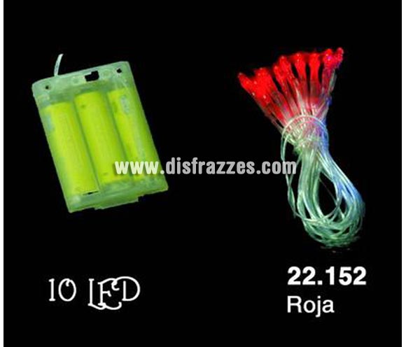Guirnalda de 10 LED de color roja para interior.  Funciona con pilas, marca CE. Ideal para decorar el árbol de Navidad o cualquier espacio. ¡¡Compra la decoración de Navidad en nuestra tienda de disfraces, será divertido!!