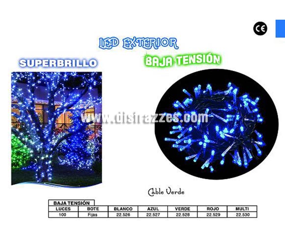 Bote con Guirnalda de LED de 100 lámparas de color blanco de baja tensión. CE. Para exteriores. Ideal para decoración en exteriores en Navidades. ¡¡Compra la decoración de Navidad en nuestra tienda de disfraces, será divertido!!