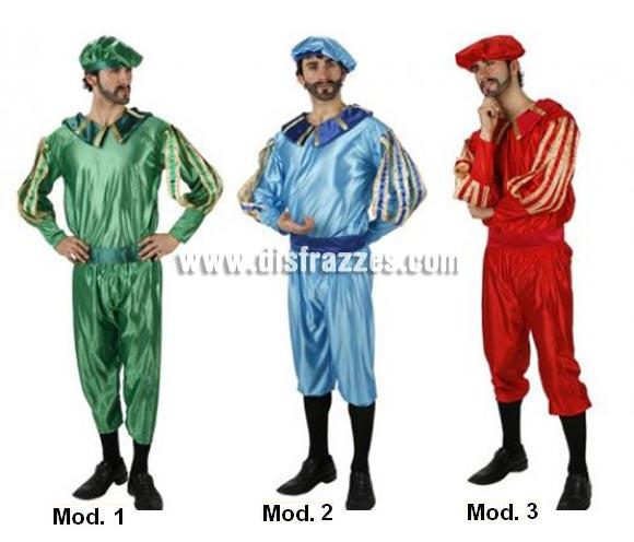 Disfraz de Paje Real de los Reyes Magos adulto para Navidad. Talla 52/54 de hombre. Incluye camisa, pantalón, cinturón y gorro.. Tres modelos surtidos, precio por unidad, se venden por separado.
