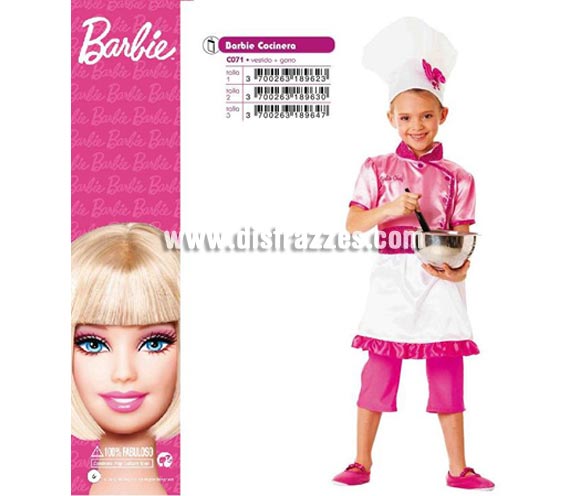 Disfraz de Barbie Cocinera infantil para Carnaval. Varias tallas. Incluye vestido y gorro. Disfraz con licencia MATTEL perfecto como regalo.
Éste traje es perfecto para Carnaval y como regalo en Navidad, en Reyes Magos, para un Cumpleaños o en cualquier ocasión del año. Con éste disfraz harás un regalo diferente y que seguro que a los peques les encantará y hará que desarrollen su imaginación y que jueguen haciendo valer su fantasía. 
¡¡Compra tu disfraz para Carnaval o para regalar en Navidad o en Reyes Magos en nuestra tienda de disfraces, será divertido y quedarás muy bien!!
