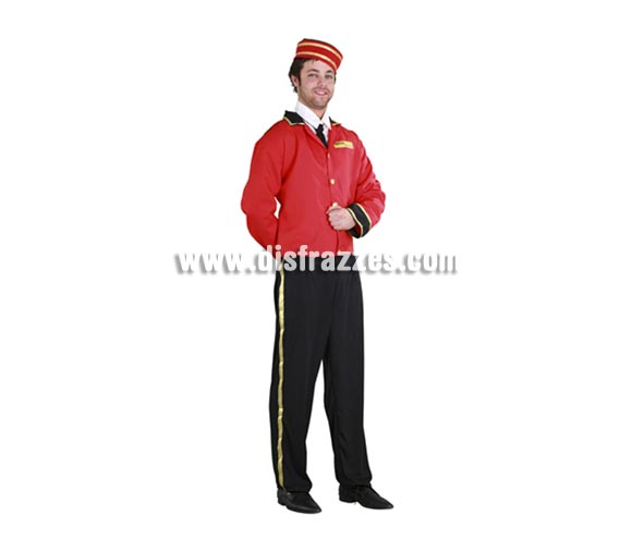 Disfraz de Botones adulto para Carnaval. Talla única 52/54. Incluye sombrero, camisa, corbata, chaqueta y pantalón.  Hace pareja con la ref. 09173BT que es el disfraz de Botones de chica.
