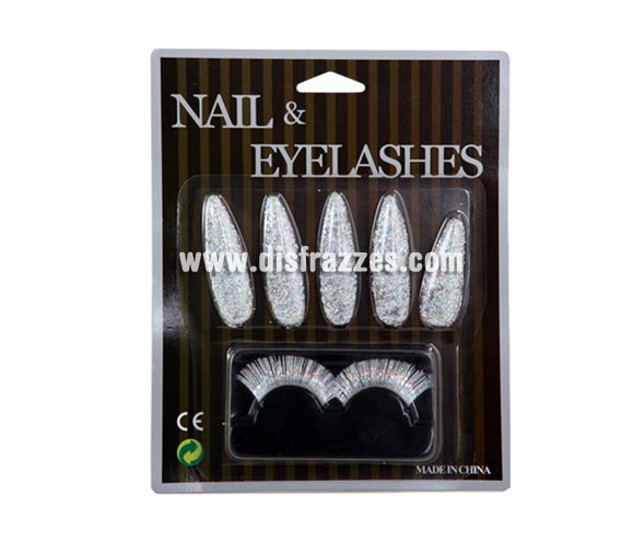 Set de Pestañas y uñas postizas de color plata con purpurina para Carnaval y Halloween.