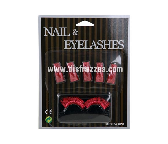 Set de Pestañas y uñas postizas de color rojo con purpurina para Carnaval y Halloween. Incluye juego de 2 pestañas y 10 uñas.