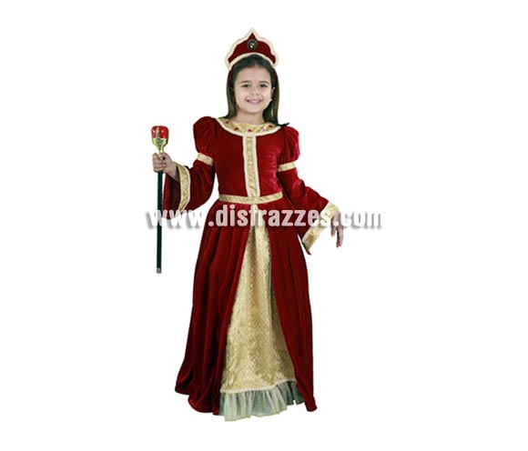 Disfraz de Dama del Renacimiento infantil para Carnaval. Tela de terciopelo. Talla de 5 a 6 años. Incluye vestido y tocado o diadema. Éste disfraz de Medieval es ideal para celebrar las Fiestas o Ferias Medievales cada vez más arraigadas en nuestro País que se celebran tanto en Pueblos en la calle, como en Pubs, Discotecas, Casas particulares,  Restaurantes o Colegios y disfrazándote con un traje Medieval ayudarás a crear ese ambiente de la Edad Media, el Renacimiento o la Época Medieval, tan atractivo como aventurero y que a todos nos fascina.
¡¡Compra tu disfraz para Ferias Medievales en nuestra tienda de disfraces, será divertido!!