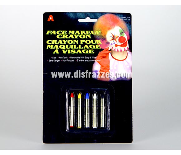 Set de 5 barritas de maquillaje Payaso para Carnaval o Halloween. Artículo de Maquillaje ideal para caracterizarte en Carnaval, en Halloween o en cualquier fecha del año que tengas ocasión para ir de Fiesta a Pubs, Discotecas, Casas particulares, Restaurantes o Colegios y ayudar a crear un ambiente Festivo propio de la Fiesta a la que acudas.
¡¡Compra el maquillaje para tu disfraz de Carnaval o de Halloween en nuestra tienda de disfraces, será divertido!!
