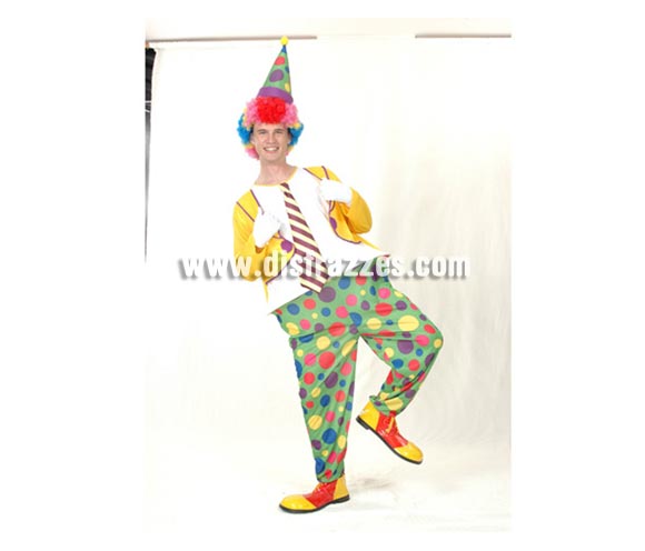 Disfraz de Payaso Aro Adulto económico. Talla única 52/54. Incluye mono con aro y sombrero. Peluca y zapatones NO incluidos, podrás verlos en la sección de Complementos.