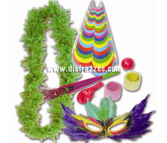 Bolsa de Cotillón modelo Fiesta para la noche de Fin de Año. Contiene gorro, collar, trompetilla, nariz de payaso, globo, 2 paquetes de serpentinas y antifaz especial de plumas. ¡¡Compra la bolsa de Cotillón para Nochevieja en nuestra tienda de disfraces, lo pasarás bien y será divertido!!