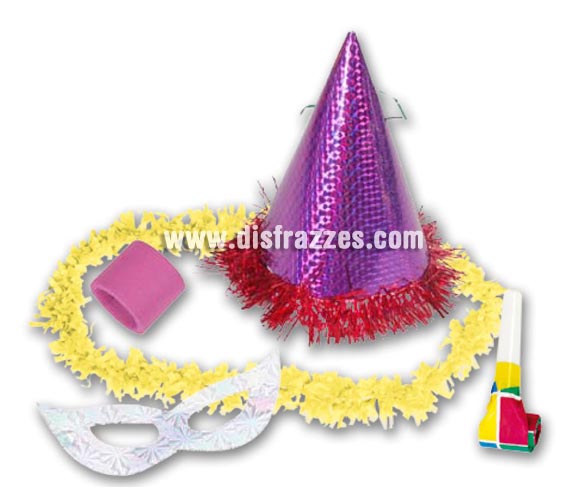 Bolsa de Cotillón modelo Holo Extra para la noche de Fin de Año. Contiene gorro holográfico, collar, matasuegras, paquete de Serpentina y antifaz holagráfico extra. ¡¡Compra la bolsa de Cotillón para Nochevieja en nuestra tienda de disfraces, lo pasarás bien y será divertido!!