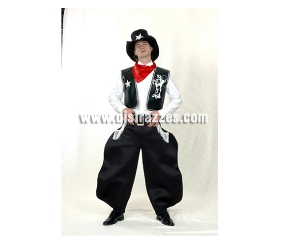 Disfraz barato de Vaquero para hombre. Talla standar 52/54. Incluye sombrero, pañuelo, chaleco, cinturón y pantalón. Éste traje de Pistolero es todo un clásico y es genial para cualquier Fiesta de disfraces y para Carnaval.