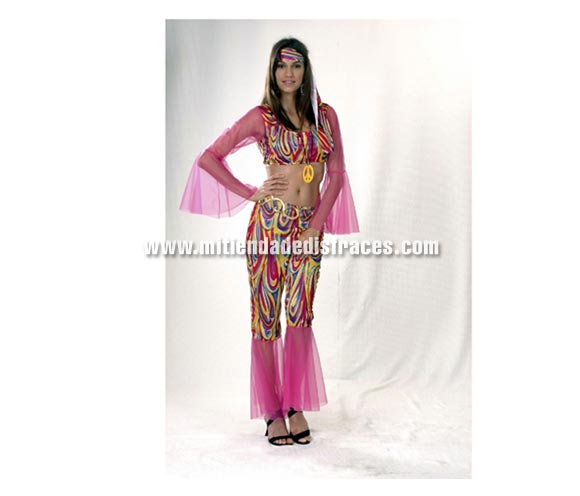 Disfraz de Hippie Adulta económico. Talla única 40/44. Incluye top, pantalón, cinta del pelo y collar símbolo de la paz. Paz y amor.