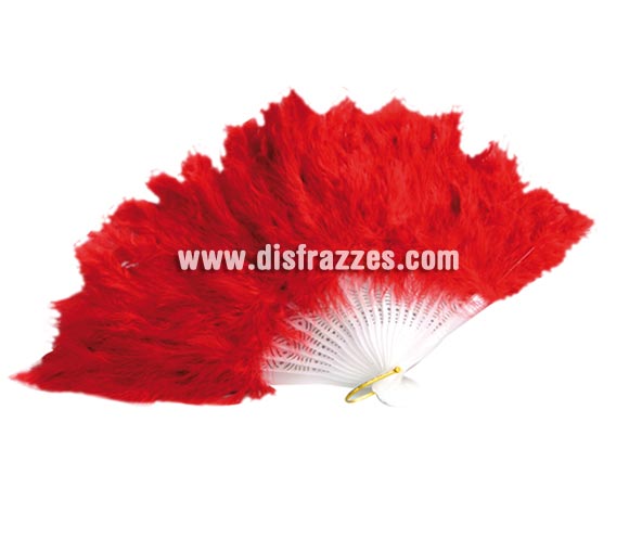 Abanico de plumas rojo de 28 cm. para Carnaval y Halloween. Ideal como complemento de los disfraces de Charlestón, Can Can y Cabaret.