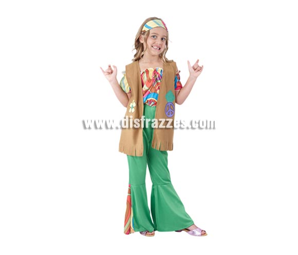Disfraz de niña Hippie infantil para Carnavales. Talla de 5 a 6 años. Incluye top, chaleco, pantalones y cinta de la cabeza. Éste disfraz de Carnaval es ideal para divertirse en las Fiestas de Carnavales tan divertidas y estrambóticas como siempre y que cada vez se celebran en más Pueblos, Villas  y Ciudades, tanto en la calle como en Pubs, Discotecas, Casas particulares, Restaurantes o Colegios y disfrazándote con un traje de Carnaval ayudarás a crear ese ambiente Carnavalesco, tan divertido, multicolor y variopinto que a todos nos fascina y nos divierte.
¡¡Compra tu disfraz para Carnaval en nuestra tienda de disfraces, será divertido!!
