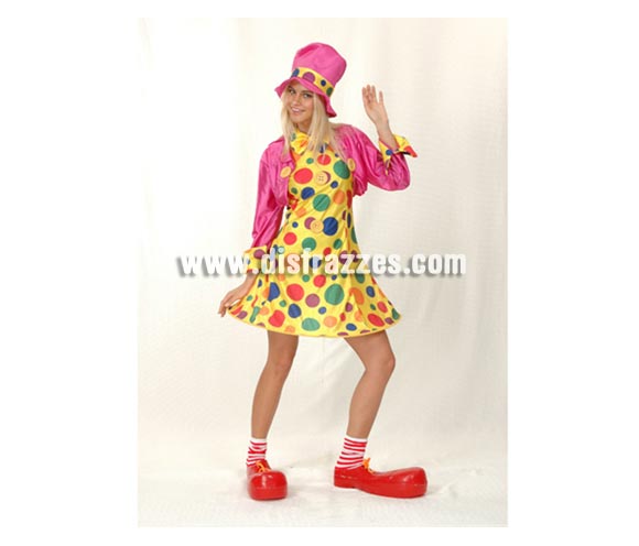 Disfraz barato de Payasa Aro Rosa para mujer. Talla Standr M-L = 38/42. Incluye sombrero, chaqueta y vestido con aro. Zapatones y calcetines NO incluidos, podrás verlos en la sección de Complementos.