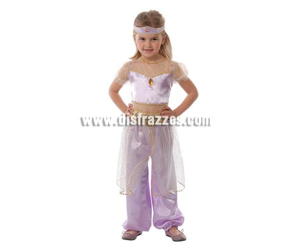 Disfraz barato de Bailarina Oriental para niña o disfraz de Bailarina del vientre. Talla de 4 a 6 años. Incluye pantalón, camisa y cinta de la cabeza. También se usa como disfraz de Paje para niña en Cabalgatas y teatros de Navidad.
