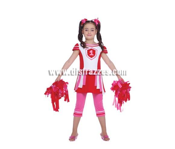 Disfraz barato de Animadora para niñas. Talla de 4 a 6 años. Incluye camisa y pantalón. Pompones NO incluidos, podrás verlos en la sección de Complementos. Con éste disfraz las niñas jugarán a ser las protagonistas de High School Musical, la serie de TV que tanto les gusta. En el escudo del 1 lleva un borde cosido con lentejuelas que le hacen muy bonito al traje.