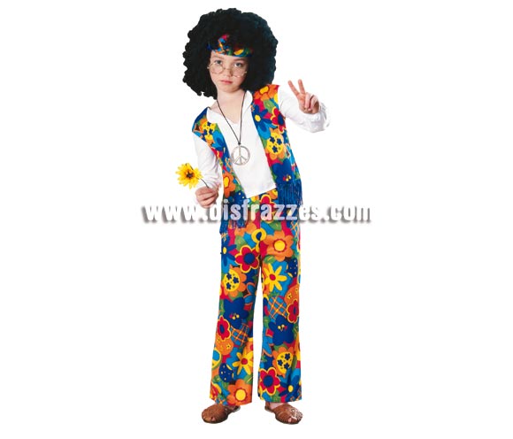 Disfraz de Hippie de niños. Talla 5 a 7  años. Incluye camisa con chaleco y pantalon de campana. NO incluye colgante ni gafas , ver en sección complementos. Disfraz ideal para fiestas y carnaval.