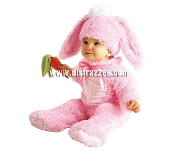 Disfraz de conejito rosa para bebés. Talla de 6-12 meses. Incluye, traje completo con capucha de lana y felpa, con abertura fácil para cambio de pañal. Disfraz muy cómodo y calentito para los niños.