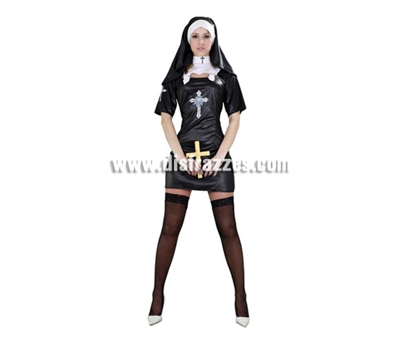 Disfraz barato de Monja muy Sexy para mujer. Talla Standar M-L 38/42. Incluye hábito y tocado. Un disfraz muy Sexy que se sería muy bueno también para Halloween con un maquillaje apropiado. También lo suelen comprara para Despedidas de Soltera.