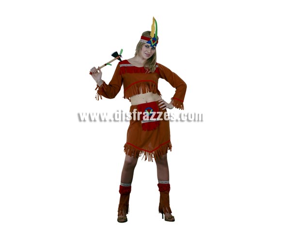 Disfraz bastante barato de India de manga larga para mujer. Talla única 38/42. Incluye tocado, top de manga larga, falda y polainas. Hacha NO incluidda, podrás verla en la sección Complementos. Éste disfraz es muy original y muy chulo para Fiestas y para Carnaval.