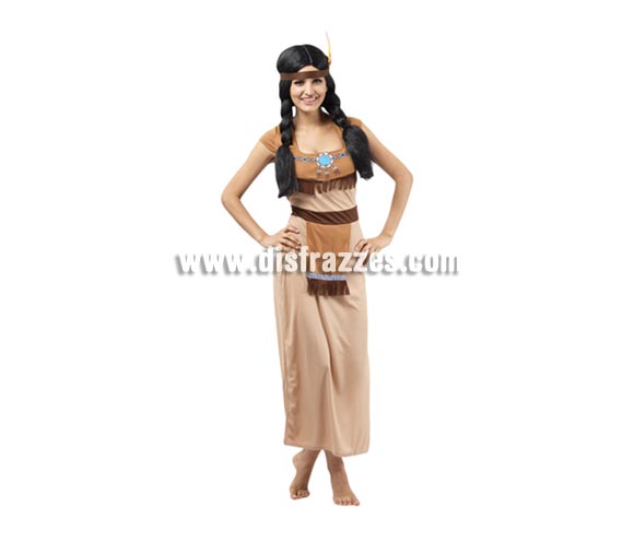 Disfraz barato de India claro para mujer. Talla única 38/42. Incluye vestido con delantal y cinta con pluma. Peluca NO incluida, podrás verla en la sección Complementos. Éste disfraz hace pareja con la ref. 08059BT. Traje de India de bonito diseño y mejor precio ideal para disfrazarse.