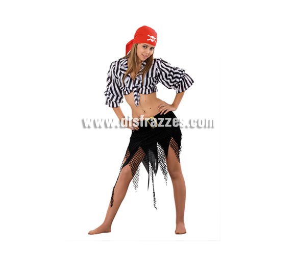 Disfraz barato de Pirata Sexy para chicas. Talla Standar M-L = 38/42. Incluye pañuelo de la cabeza, camisa y falda con cinturón. Un disfraz muy Sexy a la vez que joven y divertido de Pirata, fresquito para el verano.