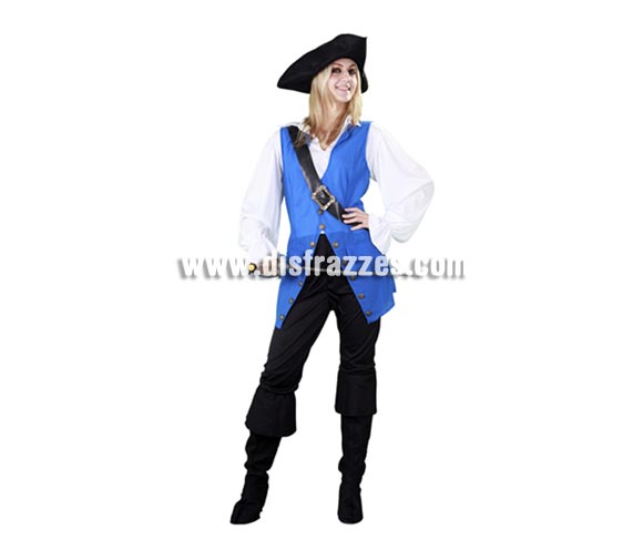 Disfraz de mujer Pirata para Carnavales y Fiestas. Talla Standar M-L = 38/42. Incluye sombrero, camisa, chaqueta, bandolera, pantalones y cubrebotas. Espada NO incluida, la verás en la sección Complementos. Un disfraz perfecto para las zonas donde hace más frio ya que te puedes poner mallas o leotardos debajo.