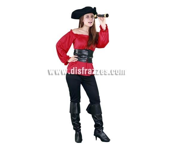 Disfraz de Moza Pirata roja para chicas. Talla Standar M-L = 38/42. Incluye sombrero, camisa, cinturón, pantalón y cubrebotas. Accesorios NO incluidos. Bonito y sobre todo original disfraz de Pirata para las chicas, sencillo pero de bonito diseño y muy complementado ya que incluye hasta el sombrero.