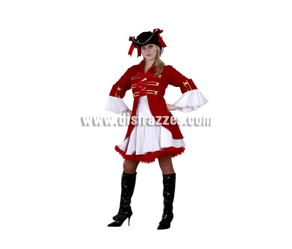 Disfraz de Capitán Pirata para mujer. Talla única 38/42. Incluye sombrero, vestido y chaqueta. Cubrebotas NO incluido, podrás verlo en la sección Complementos. Traje de Capitana del Barco Pirata muy elegante y de bonito diseño.