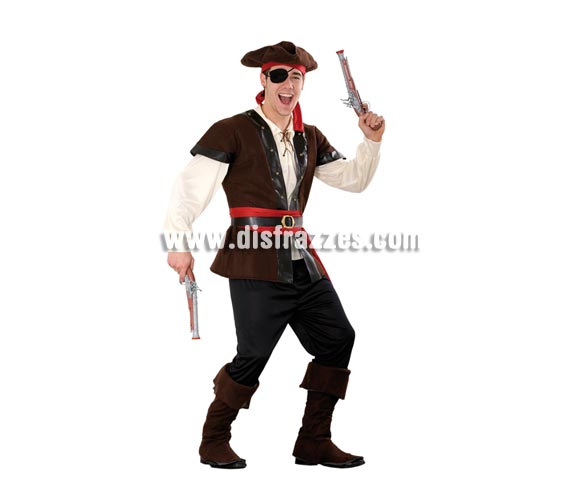 Disfraz de Bucanero para hombre. Talla XL = 54/58. Incluye sombrero con pañuelo, camisa, chaleco, cinturones, pantalón y cubrebotas. Parche y pistolas NO incluidos, podrás verlos en la sección Comlementos.