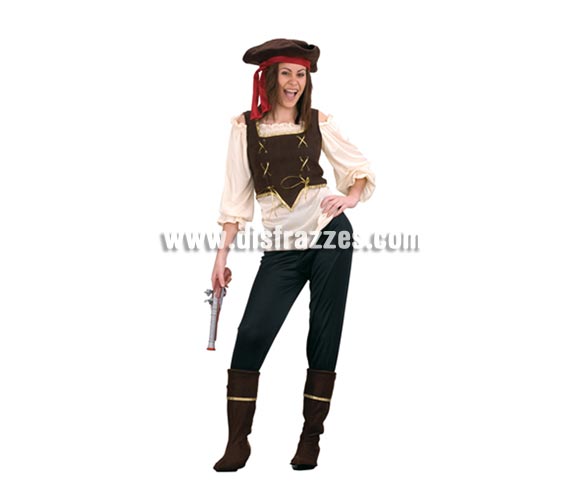 Disfraz barato de Pirata XL para mujer adulta. Talla XL = 44/48. Incluye sombrero, blusa corpiño, pantalón y cubrebotas. Pistola NO incluida, podrás verla en la sección Complementos.