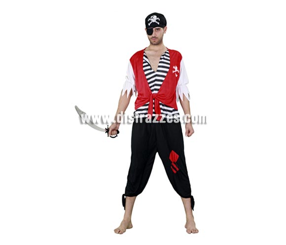 Disfraz de Pirata con Calavera para hombre barato. Talla única 52/54. Incluye camisa con chaleco, pantalón, pañuelo y parche. Espeda NO incluida, verás espadas en la sección Complementos.