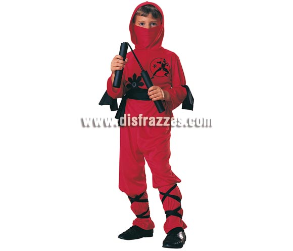 Disfraz de Ninja Rojo Talla niños de 3 a 4 años. Incluye pantalones, camisa con capucha, pañuelo, cinturón y bandas para las piernas y los brazos. NO incluye Luchacos ver en sección complementos. Disfraz que gusta mucho a los niños luchadores y es ideal para cualquier  fiesta y para carnaval. 