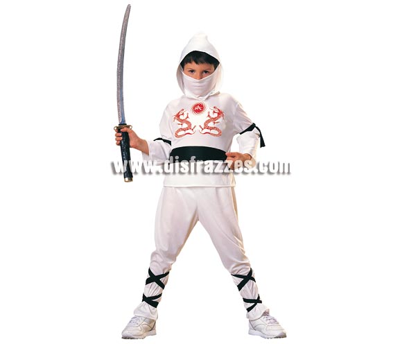Disfraz de Ninja Blanco Talla niños de 3 a 4 años. Incluye pantalones, camisa con capucha, pañuelo, cinturón y bandas para las piernas y los brazos. NO incluye espada ver en sección complementos. Disfraz que gusta mucho a los niños luchadores y es ideal para cualquier  fiesta y para carnaval. 
