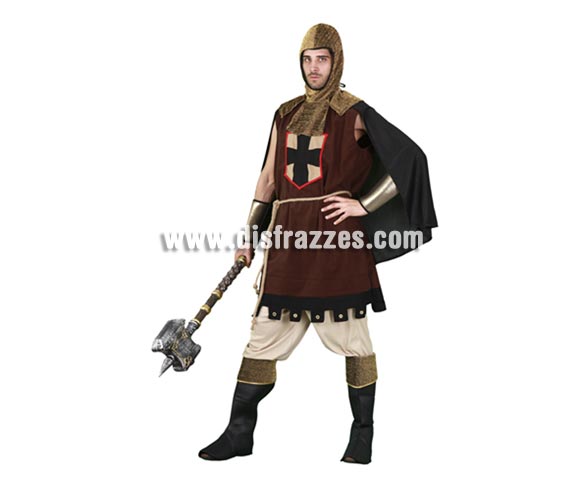 Disfraz de Caballero Medieval Especial para hombre. Talla única 52/54. Incluye túnica, capa, pantalones, capucha y cubrebotas. Hacha NO incluida. Éste traje de Caballero o Guerrero Medieval es perfecto para Fiestas o Ferias Medievales, tiene muy buena apariencia y no es caro.