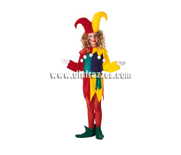 Disfraz de Payasita Talla niñas de 3 a 4 años. Incluye vestido, cinturón y gorro. NO incluye los zapatos. También és Disfraz de Bufón muy divertido para los niños en sus fiestas y carnavales.