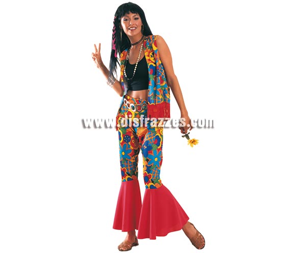 Disfraz de Hippie Woman. Talla Estandar de Mujer. Incluye Top, chaleco con flecos y pantalones de campana. NO incluye accesorios los podrás ver en sección complementos. Traje con que vivirás los AÑOS 60. Pon Paz y Amor en cualquier Fiesta y como no para Carnavales.   