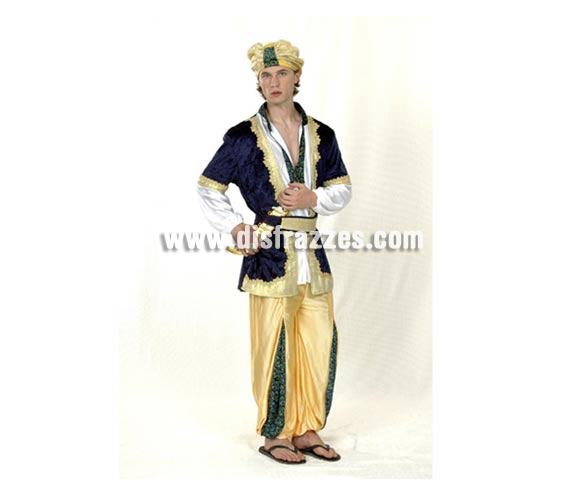 Disfraz de Sultán adulto económico. Talla única 52/56. Incluye camisa, chaleco, pantalón, cinturón y turbante. Espada y chanclas NO incluidas. La espada podrás verla la sección de Complementos. Disfraz de Paje Sultán adulto.
