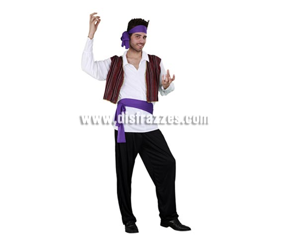 Disfraz barato de Gitano elegante para hombre. Talla standar 52/54. Incluye camisa con chaleco, pantalón, cinturón y cinta de la cabeza. Éste disfraz también puede servir como disfraz de Zíngaro adulto.