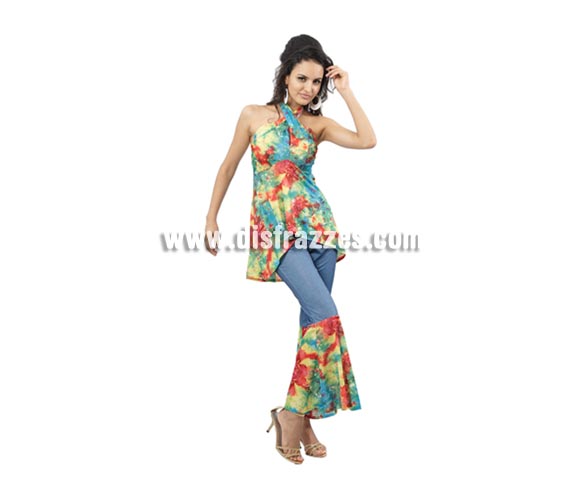 Disfraz barato de Hippie para mujer. Talla standar 38/42. Incluye top y pantalones. Éste disfraz de chica Hippy de los años 70, es muy original e ideal para ir a cualquier Fiesta de Disfraces.